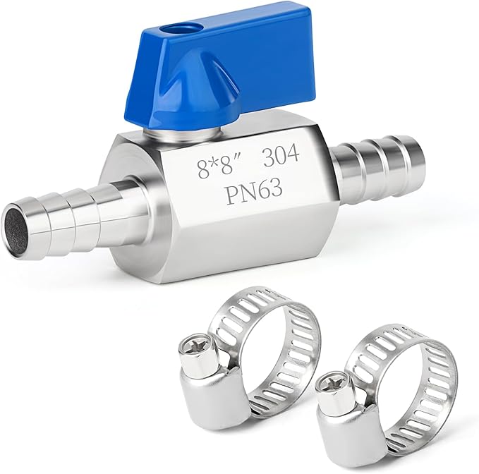 TAISHER 1PCS 304 Stainless Steel 5/16" Mini Ball Valve Shut Off Switch, 5/16” Hose Barb with 2PCS Hose Clamps
