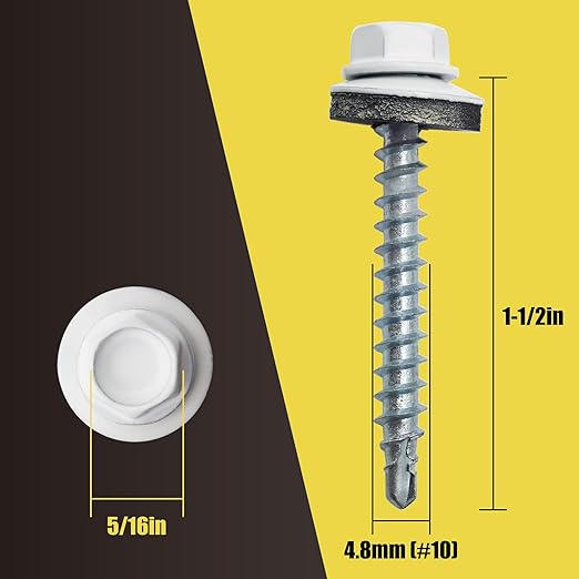 250pcs #10 x 1-1/2" White Hex Head Self-Drilling Metal Roofing Screws, EPDM Washer, Colored Head, Sheet Metal Roof Screw with Hex Driver Bit