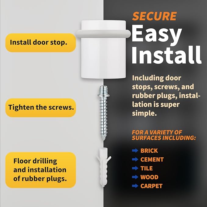 Floor Door Stopper Door Stop - Classy Solid Steel Modern Heavy Duty Door Stoppers - Floor Mount Anchor Screw - Wall Protector for Commercial Door(White, 1.5 Inch)