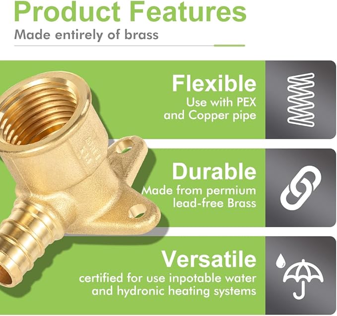 7 Pack Drop Ear Elbow Pex Fittings,1/2" PEX x 1/2" NPT Female Threaded Brass Barb Fittings, Full Port for PEX pipes, NSF/ANSI 61 NSF 372 Certificate, ASTM F1807 Certified