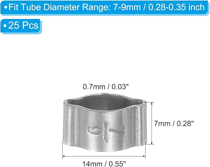 PATIKIL 25 Pack 7-9mm Double Ear Hose Clamp, 304 Stainless Steel O Clip Crimp Rings for Fuel Petrol Pipe Tube Fitting Connections, Silver Tone