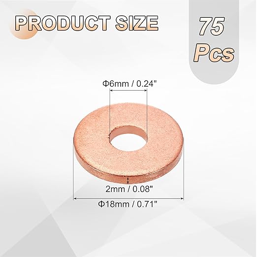 uxcell 75Pcs M6 Flat Washer Copper Washer Sealing Rings, 6mm ID 18mm OD 2mm Thickness Copper Crush Washers Metric Sealing Gasket for Plumbing Machinery Automotive
