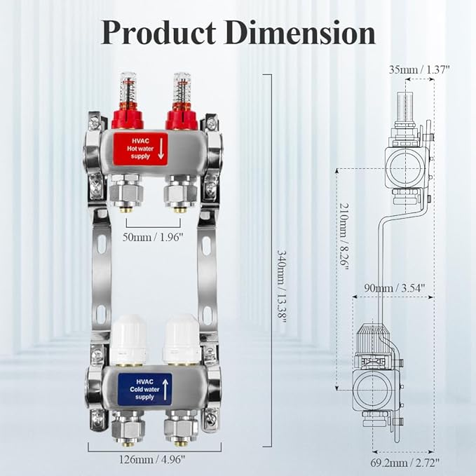 AB 2 Loop PEX/Radiant Manifold, 1/2 Inch Compatible Outlets, Up to 1.4 GPM Flow Valve for Hydronic Radiant Floor Heating(1/2" Connectors Included)