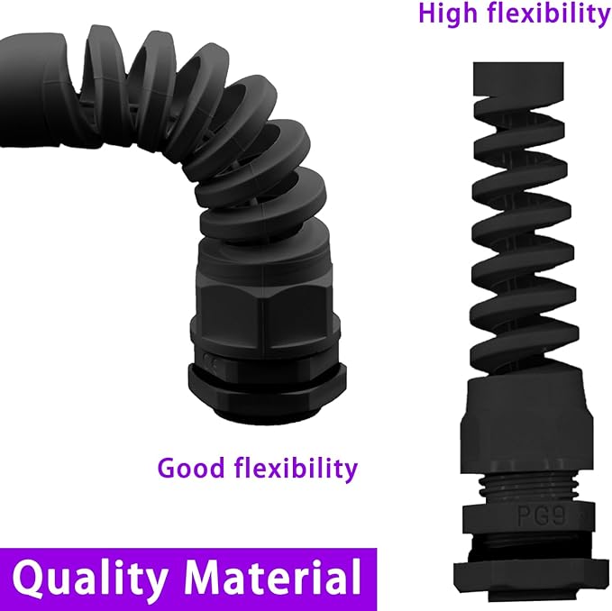 Swpeet 22Pcs 6 Sizes 3mm-18mm Waterproof Cable Gland Conduit Fittings with Gasket, Flex Spiral Strain Relief Black Nylon Pigtail Cord Joint Cord Connector Adjustable Locknut for Cable Wire
