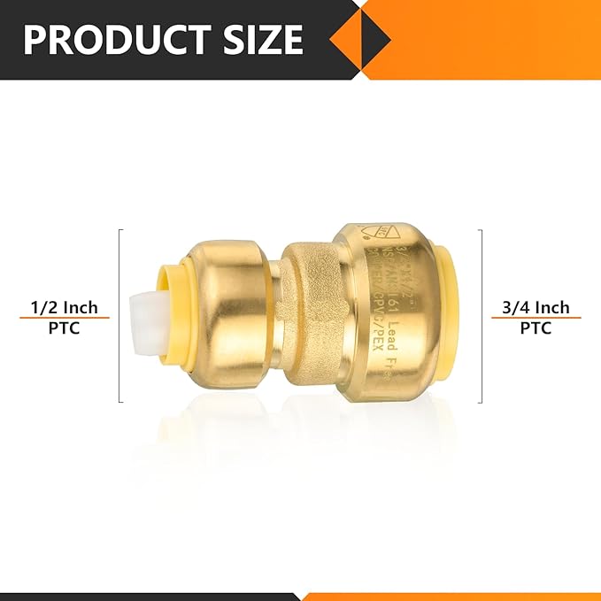 40-Pack HeSun Pushfit Coupling, 3/4"x1/2" Push to Connect Plumbing Fittings with Disconnect Clip, Brass Push-fit Fittings for PEX, Copper, CPVC, PE-RT Pipes(PF017-40)