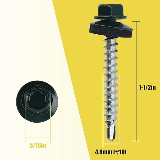 250pcs #10 x 1-1/2" Green Hex Head Self-Drilling Metal Roofing Screws, EPDM Washer, Colored Head, Sheet Metal Roof Screw with Hex Driver Bit