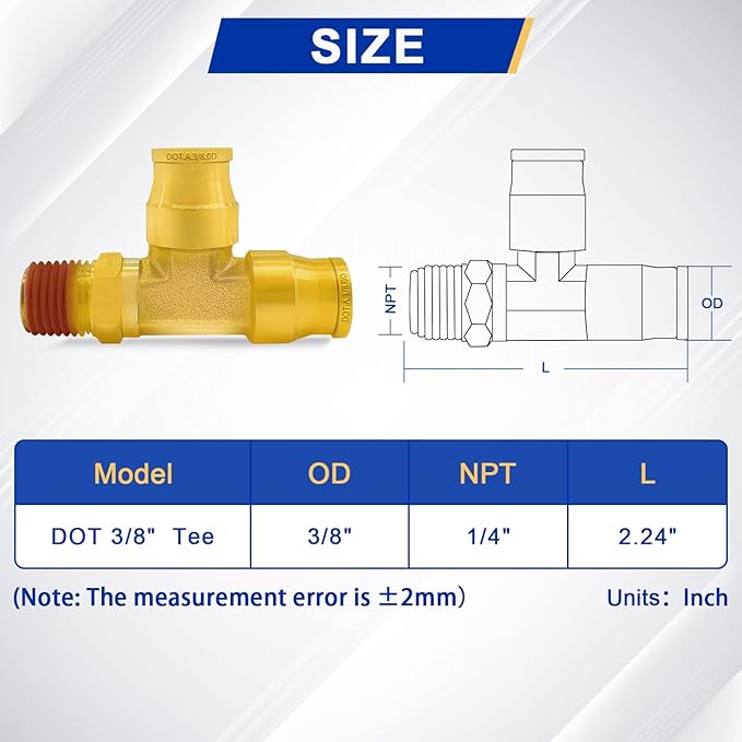 3/8" DOT Brass Air Line Fittings, 3PCS 3/8" OD Tube 1/4" Side NPT Brass Tee Union Push to Quick Connect Air Hose Fittings
