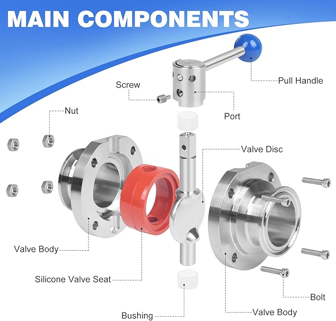 2 Inch Butterfly Valve Sanitary 2 Pcs Stainless Steel 304 with Pull Handle Tri Clamp Butterfly Valve