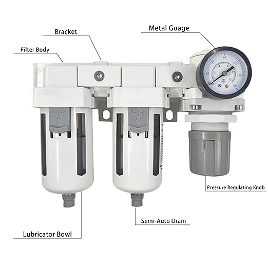 XingNEeng 1/2" NPT Compressed Air Filter Regulator Lubricator (FRL) Unit, Double Water/Oil Trap Separator, Gauge(0-150 psi), Semi-Auto Drain Air Compressor Water Separator, Poly Bowl, Metal Bracket