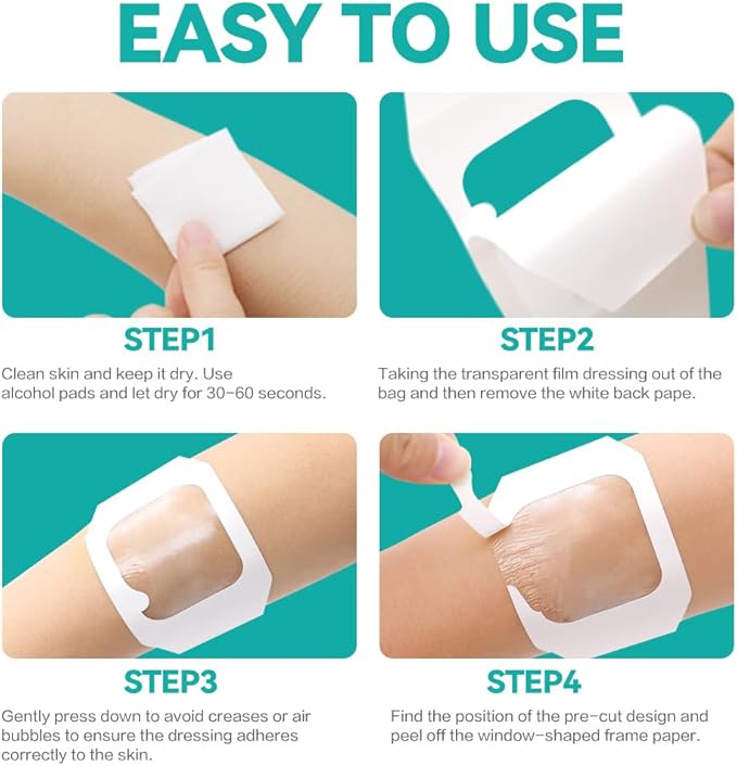 Dimora Waterproof Transparent Film Dressing, Clear Bandage Tape for Wound Care, Adhesive Post Surgical Cover Pad，for IV Shield, Tattoo Aftercare, Shower Protector 4x4 3/4 inch 100 Packs