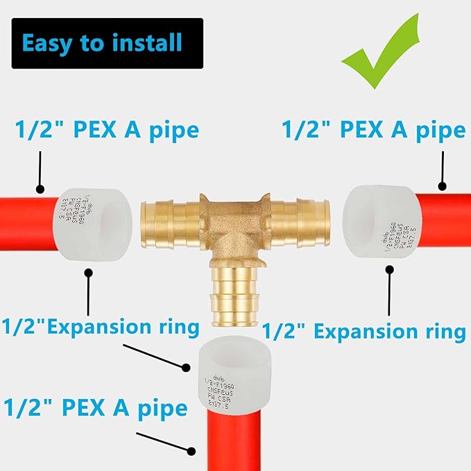 (10 Pack) Lidertik 1/2 Pex-A Tee Brass Tubing T Expansion Pipe Pex Fittings 1/2 Inch