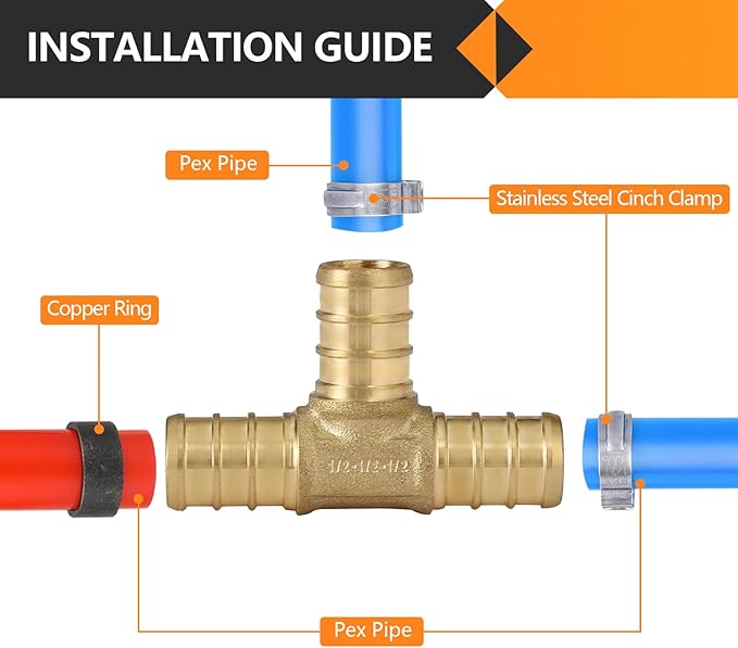 HeSun 100-Pack PEX Fittings, 1/2"x1/2"x1/2" Pex Tee, Brass Crimp Fitting for Pex Pipes, ASTM F1807