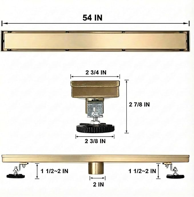Linear Shower Floor Drain, Brushed Gold 54 Inch 304 Stainless Steel Bathroom Drains Kit, Rectangular Shower Trench Drain with Reversable Tile-in Pattern Drain Cover & Hair Catcher