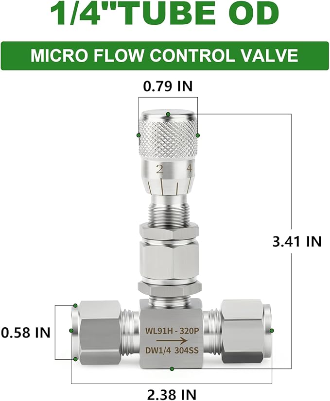 TAISHER 1PCS 304 Stainless Steel Reduce Port 3mm Needle Valve 1/4" OD，Accurate Dials For Micro Flow Control Instrument Gauge Water Gas Oil