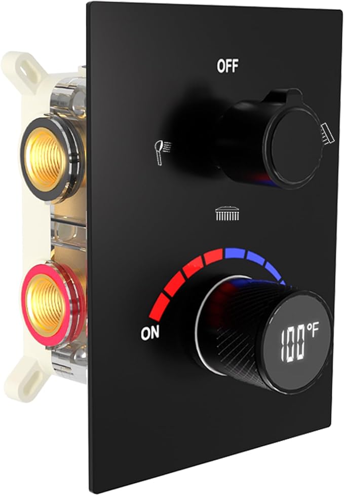 3 Way Shower Mixer Valve Temperature Display with Trim Kit, Digital Shower Diverter Mixing Brass Valve Body for Shower Faucets, Black
