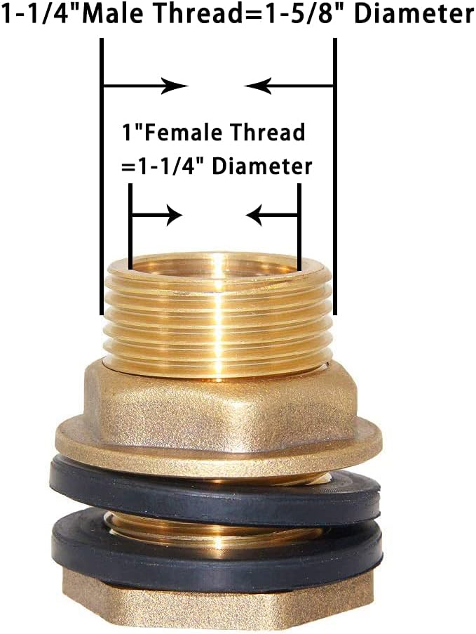 Joywayus 1" Female 1-1/4" Male Soild Brass Water Tank Connector Bulkhead Tank Fitting With 2 Rubber Ring Stablizing