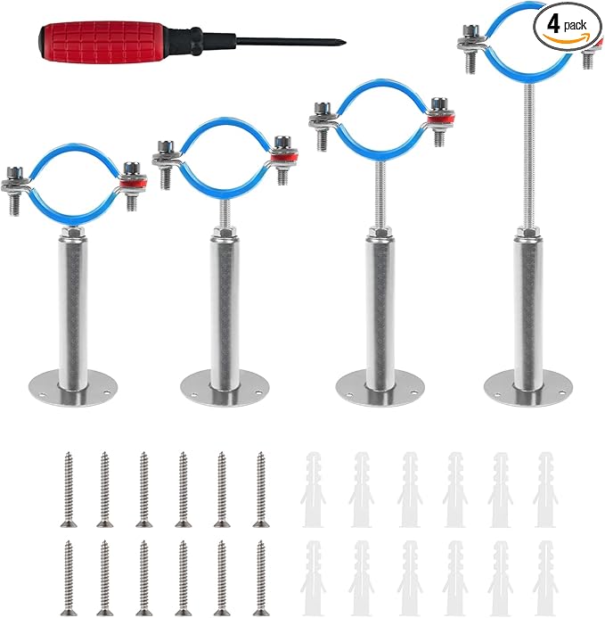 Kodilin 4PCS 304 Stainless Steel Wall Mount Ceiling Mount Pipe Supports,Suitable for OD Pipe 2''(48-51mm),Adjustable Height 100-200mm,Adjustable Pipe Strap Clamp with Screws