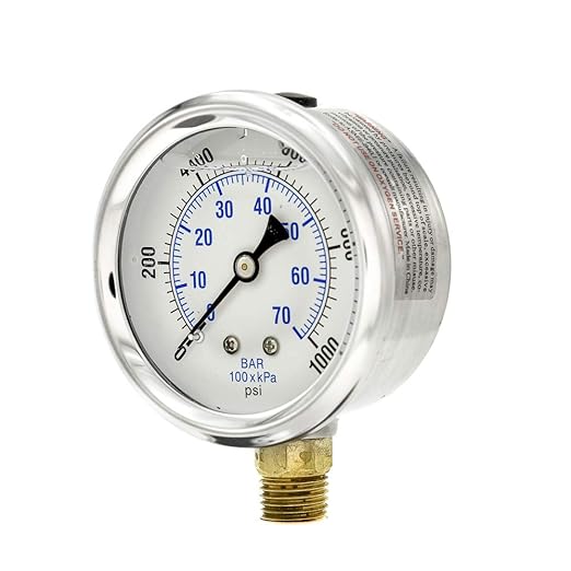 PIC Gauges PRO-201L-254M 0-1000 PSI Pressure Gauge, 2 1/2" Dial, 1/4" Male NPT Connection, Bottom Mount, Dual Scale, Glycerin Filled, Stainless Steel Case/Bezel, Brass Internals & Plastic Lens