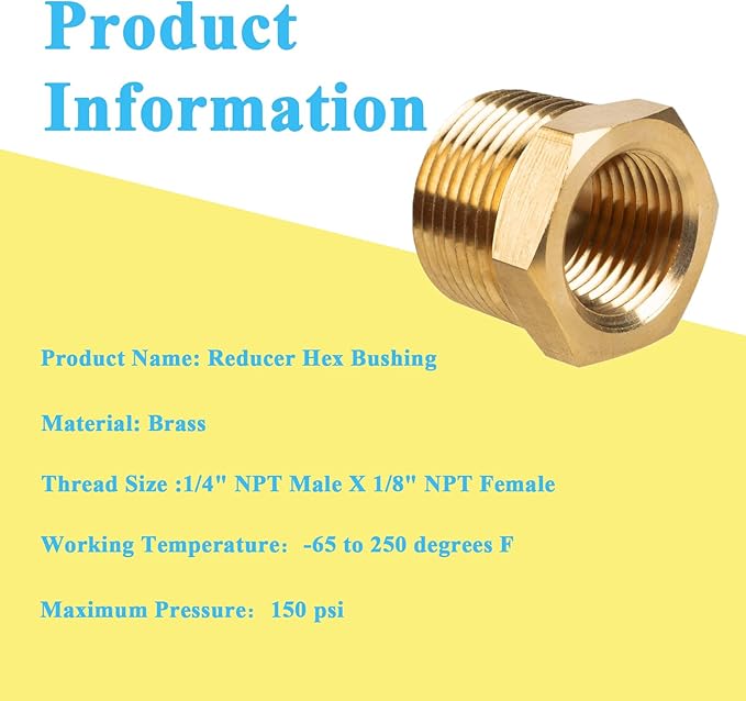 6 PCS Brass Reducer Hex Bushing Threaded Pipe Fitting 1/4" NPT Male x 1/8" NPT Heavy Duty Brass Fitting Pipe Hose Tube Adapter Convert