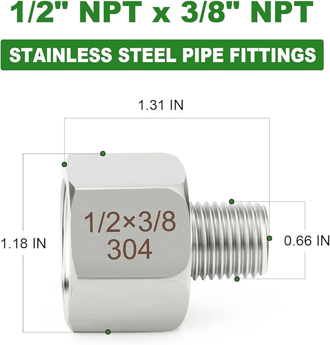 TAISHER 10PCS 304 Stainless Steel Pipe Fitting, New Reducer Adapter, 3/8" NPT Male x 1/2" NPT Female, Reducing Pipe Adapter Fitting