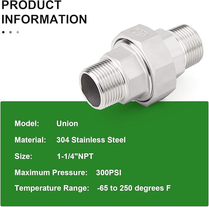 TAISHER 2PCS 304 Stainless Steel Union，1-1/4" NPT Male x 1-1/4" NPT Male Cast Pipe Fitting