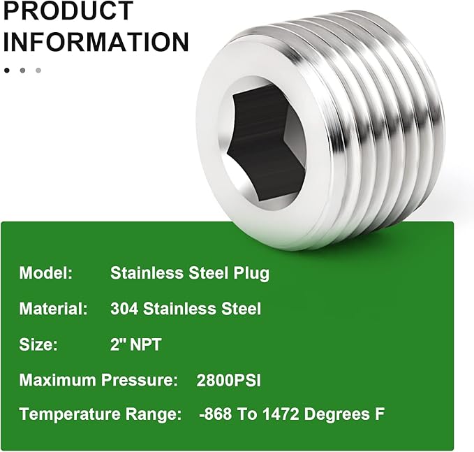 TAISHER 1PCS 304 Stainless Steel Internal Hex Thread Socket Pipe Plug Fitting 2" NPT Male