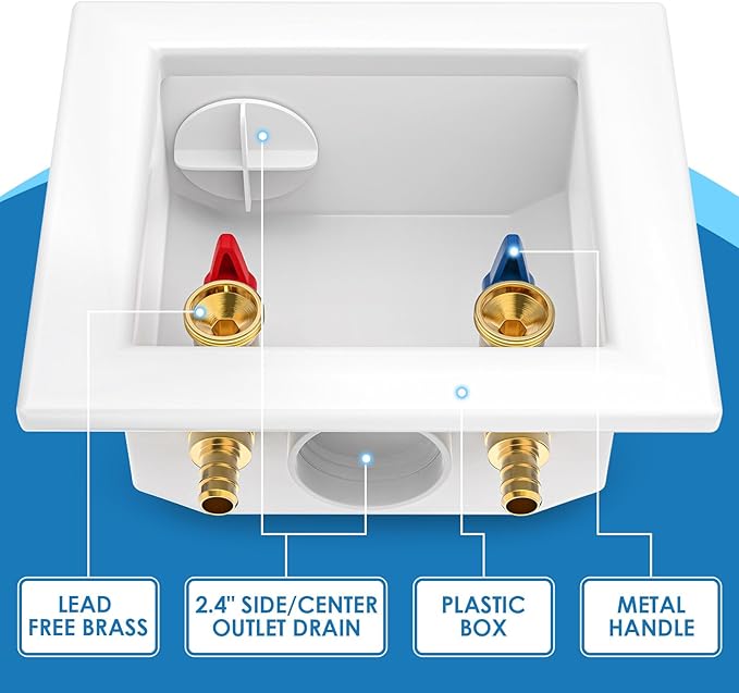 Universal Washing Machine Outlet Box, 1/2-Inch Pex Crimp x 3/4-Inch MHT Connection with Center Drain, Laundry Washer Valve Outlet Box