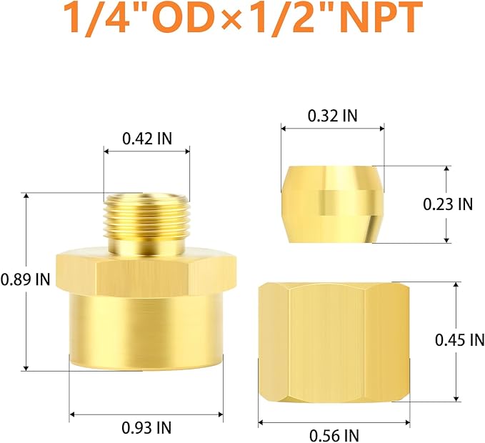 GASHER 5PCS Brass Compression Union Tube Pipe Fitting Connector, 1/4" Tube OD x 1/2" NPT Female Connector