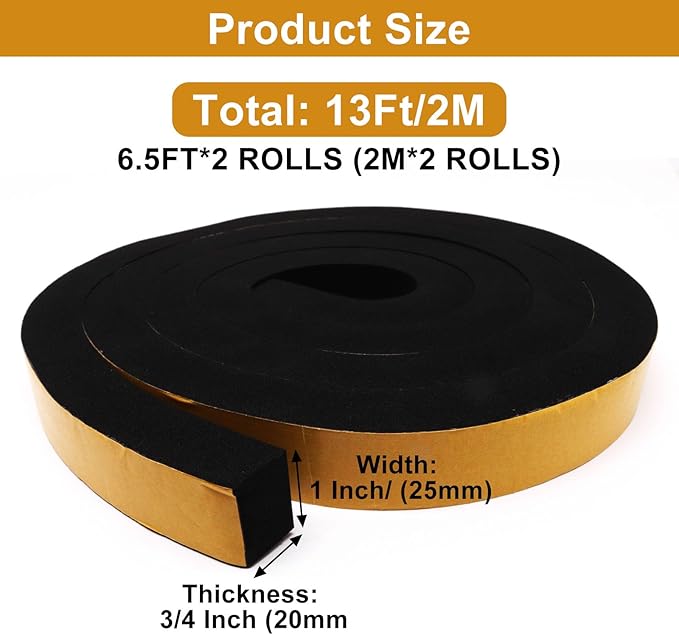 Weather Stripping Door Seal Strip, Strong Adhesive, Cold Insulation, Weatherproof, High Density Foam Insulation Tape for Doors, Windows, Sliding Door, Black (1 in x 3/4 in x 13 Ft)