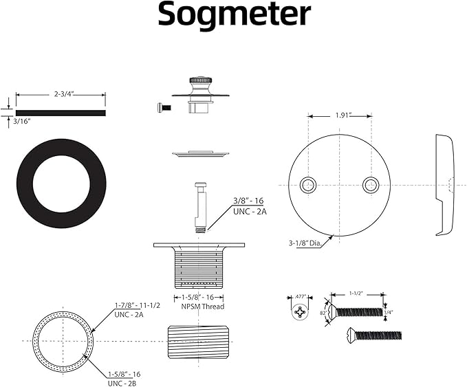 Matte Black Bathtub Drain, Hair Catcher and 2-Hole Overflow Faceplate, 11.5/16 UNC, Lift and Turn Bathtub Drain Replacement, Tub Drain Stopper
