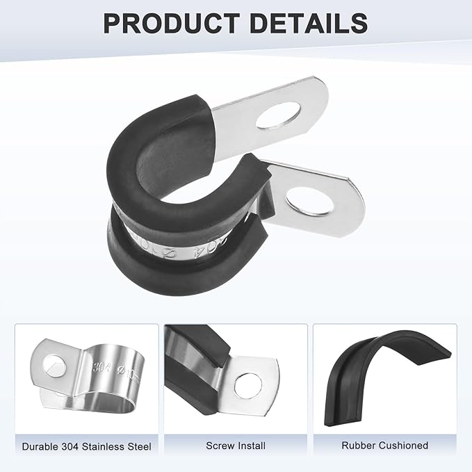 12-Pack Cable Clamps, 25/64 Inch/ 10 mm 304 Stainless Steel Rubber Cushioned Insulated Cable Clamp R Shape Metal Holder for Tube/Wire/Pipe/Loop Installation