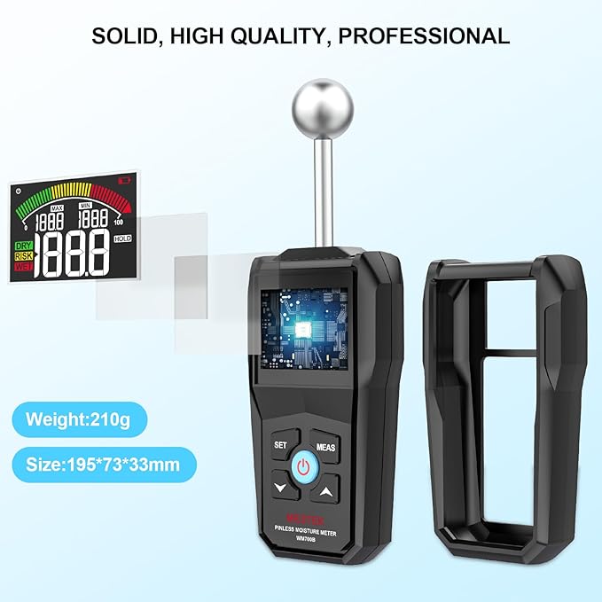 MESTEK Pinless Moisture Meter for Wood, Walls & Drywall, Digital Moisture Detector, Concrete Moisture Meter & Firewood Reader, Detects up to 40mm Below Surface with 3-Color LCD Display, Audible Alarm