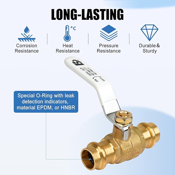 (5 Pack）3/4" Propress Brass Ball Valve, Lead-Free Press Shut Off Ball Valve with EPDM O-ring, Fit Both End for Copper Tubing