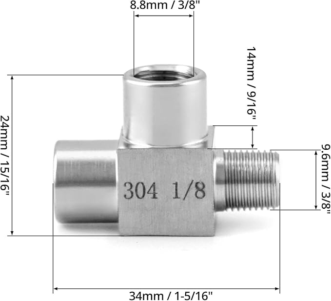 QWORK Stainless Steel Pipe Fitting, 1/8" NPT Male x 1/8" NPT Female x 1/8" NPT Female, Male Run Tee