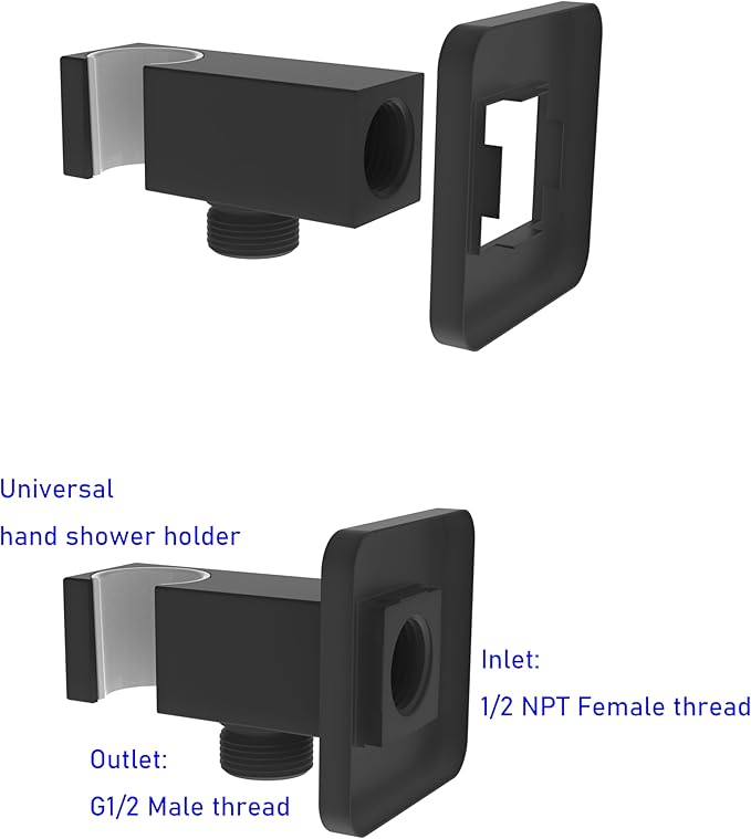 Aquaiaw Wall Supply Elbow with Flange, Tapered 1/2 NPT Female Inlet, Solid Brass Wall Union With Handshower Holder, Square Wall Supply Elbow With HandHeld Shower Head Bracket, Electroplate Matte Black
