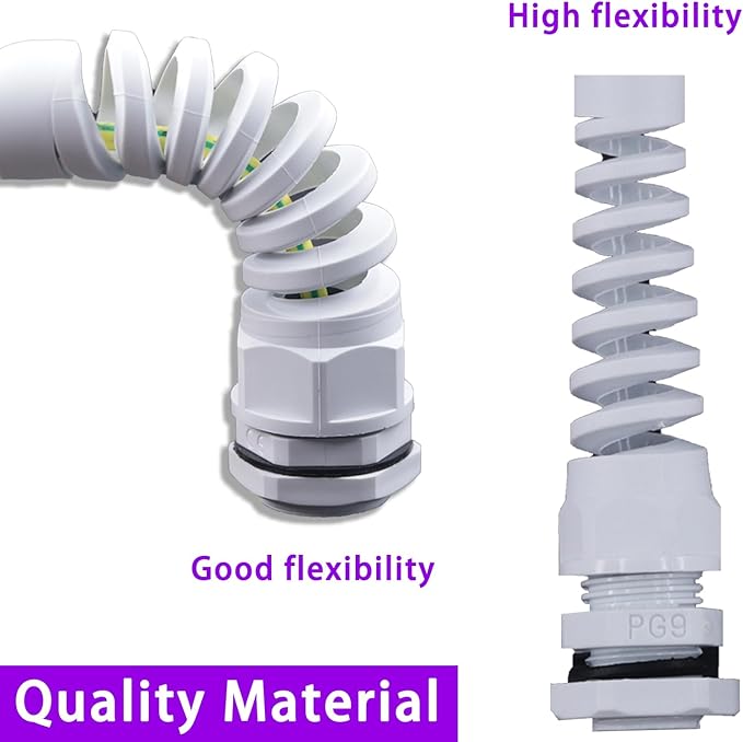 Swpeet 22Pcs 6 Sizes 3mm-18mm Waterproof Cable Gland Conduit Fittings with Gasket, Flex Spiral Strain Relief White Nylon Pigtail Cord Joint Cord Connector Adjustable Locknut for Cable Wire