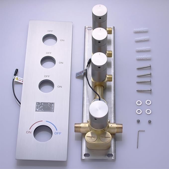 Shower Valve Concealed Shower Mixing Faucet with Temperature Display Function, Flow Control Brass Diverter Valve Kit, 3 Function Can Be Activated Simultaneously, Brushed Nickel