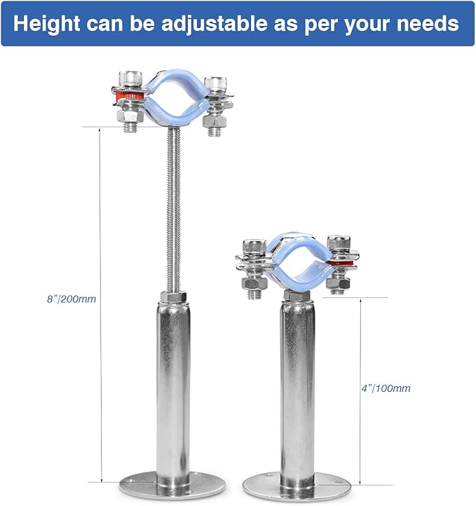 AKIHISA 2 Pcs 304 Stainless Steel Pipe Supports, Wall Mount Ceiling Mount Pipe Hanger, Pipe Holder for OD Pipe 70-76MM Adjustable Height Range 100-200mm