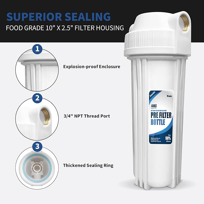 Whole House Water Filter Housing, Fit 10"x2.5" Sediment etc Filters for Well and City Water, Pre-Filtration System for Home, 3/4" Brass Port, Heavy Duty Steel Bracket, 4 Screws, Wrench, 1 Pp Cotton
