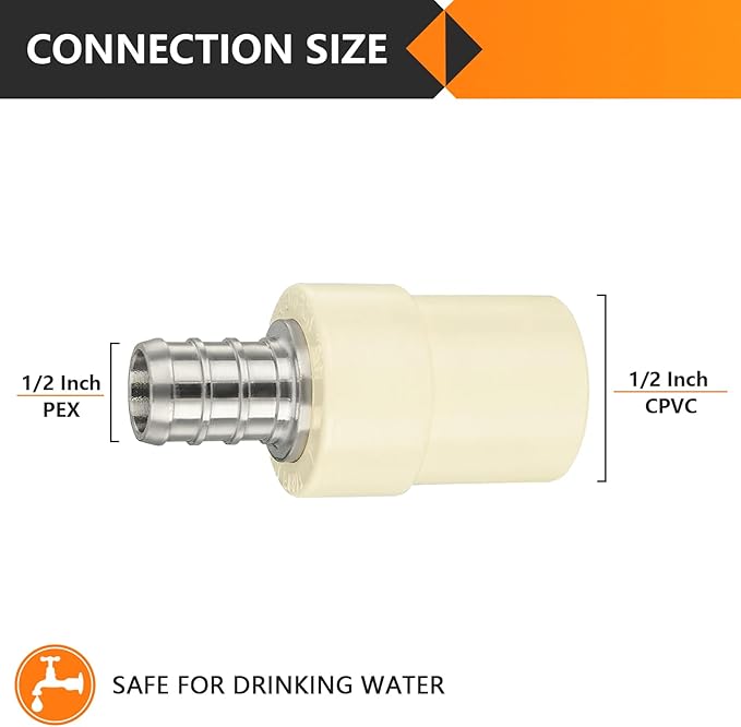 50-Pack HeSun 1/2-Inch CPVC Transition Coupling, 1/2" PEX x 1/2" CPVC Brass Crimp Pex Fittings, ASTM F1807(PEX1807340-50)