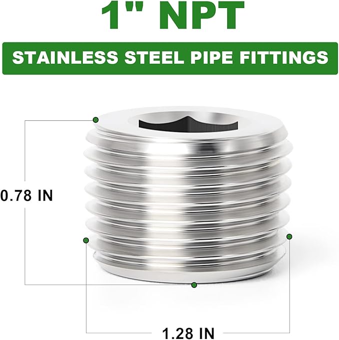 TAISHER 2PCS 304 Stainless Steel Internal Hex Thread Socket Pipe Plug Fitting 1" NPT Male