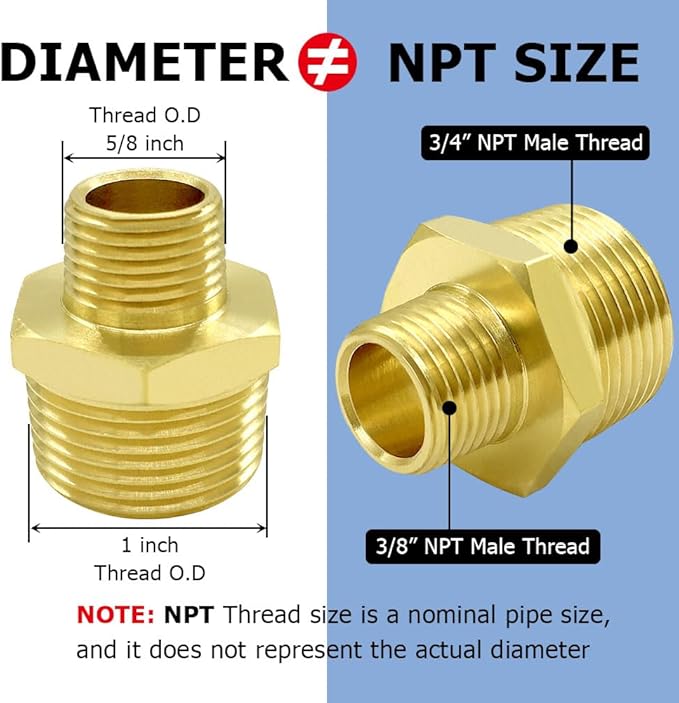 Hooshing 2PCS Brass Reducing Hex Nipple 3/8" NPT Male x 3/4" NPT Male Thread Brass Pipe Fitting Adapter,OD 5/8" to OD 1"