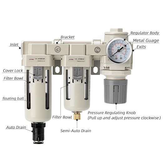 Air Filter Dryer 3/8 NPT Auto Drain+Semi-Auto Drain-Double Air Filters,Air Pressure Regulator,Air Compressor Water Separator(0-150PSI)