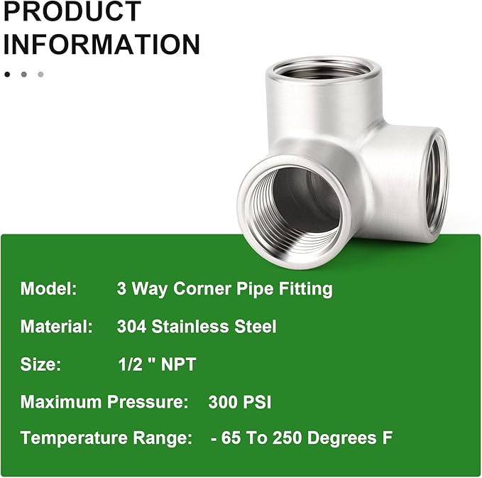 TAISHER 1PCS 304 Stainless Steel 3 Way Corner Pipe Fittings, 1/2" x 1/2" x 1/2" NPT Female Pipe Fittings