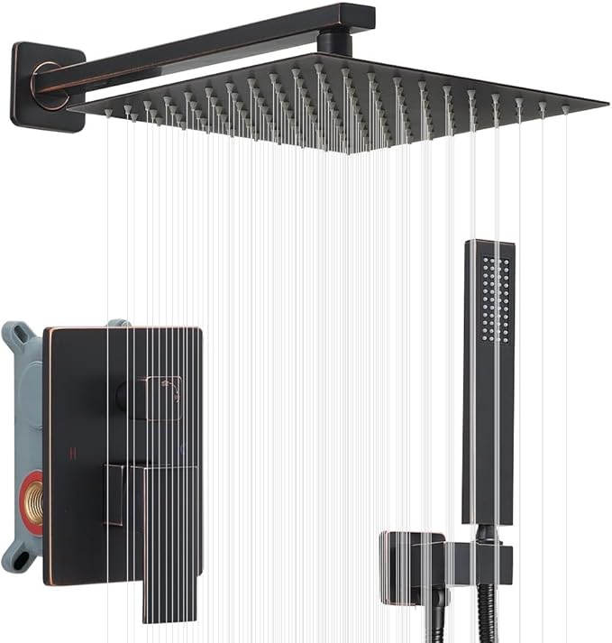 Oil Rubbed Bronze Shower System 10 Inch Bathroom Luxury Rain Mixer Shower Combo Set Wall Mounted Rainfall Shower Head and Handheld System Shower Faucet Rough-in Valve Body and Trim Kit