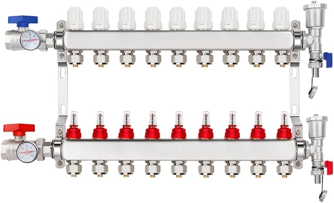 9-Branch PEX/Radiant Heat Manifold ，1/2" PEX Tubing Manifold,304 Stainless Steel Floor Heat Manifold Kit with 1/2" Adapters Included for Hydronic Radiant Floor Heating (9-LOOP)