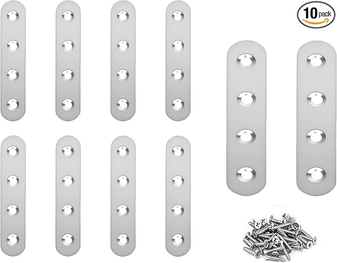 10PACK 3INCH X 0.6INCH Stainless Steel Straight Flat Bracket Repair Plate Brace,Mending Joining Plates for Wood, Board, Bed Frame, Furniture & Shelves,with Screws