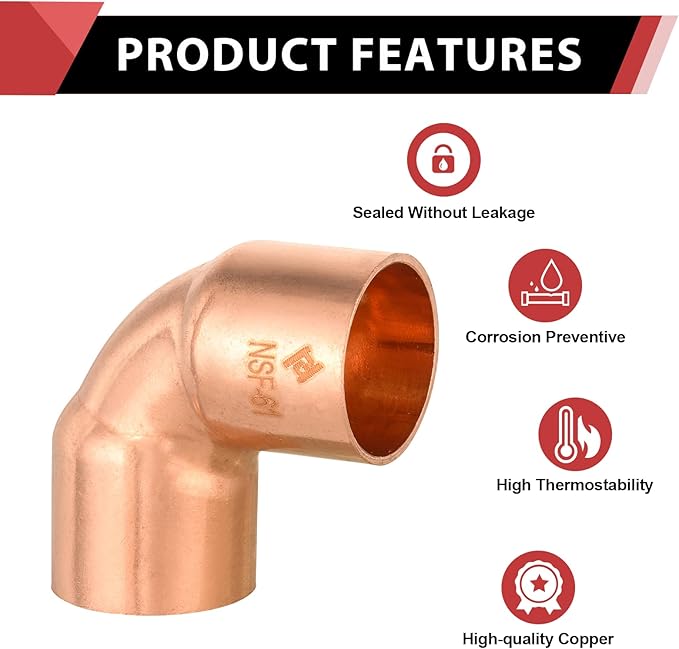 EFIELD 1-1/2" C X C Short Radius Copper 90 Degree Elbow, LF Copper Plumbing Fittings with Sweat Solder Connection,(COPPER077)