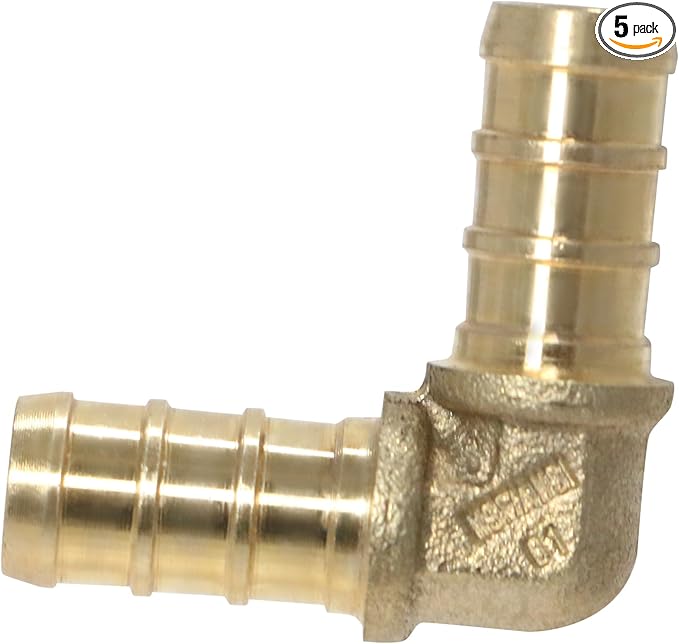 XFITTING Pex 3/8 Inch x 3/8 Inch Pex Elbow Brass Crimp Fitting, 25-5-8=5X, 5 Pieces