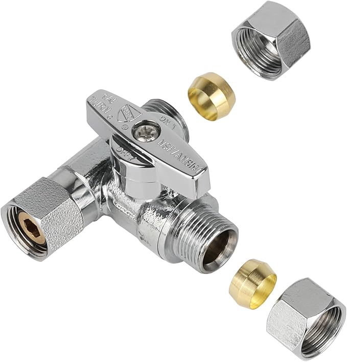 (Pack of 5) EFIELD 1/4-Turn Stop Tee Compression Stop Valve, 3/8" OD x 3/8" OD x 1/4" OD, Chrome Plated Brass, UPC Certified,(VALVE463-5PCS)